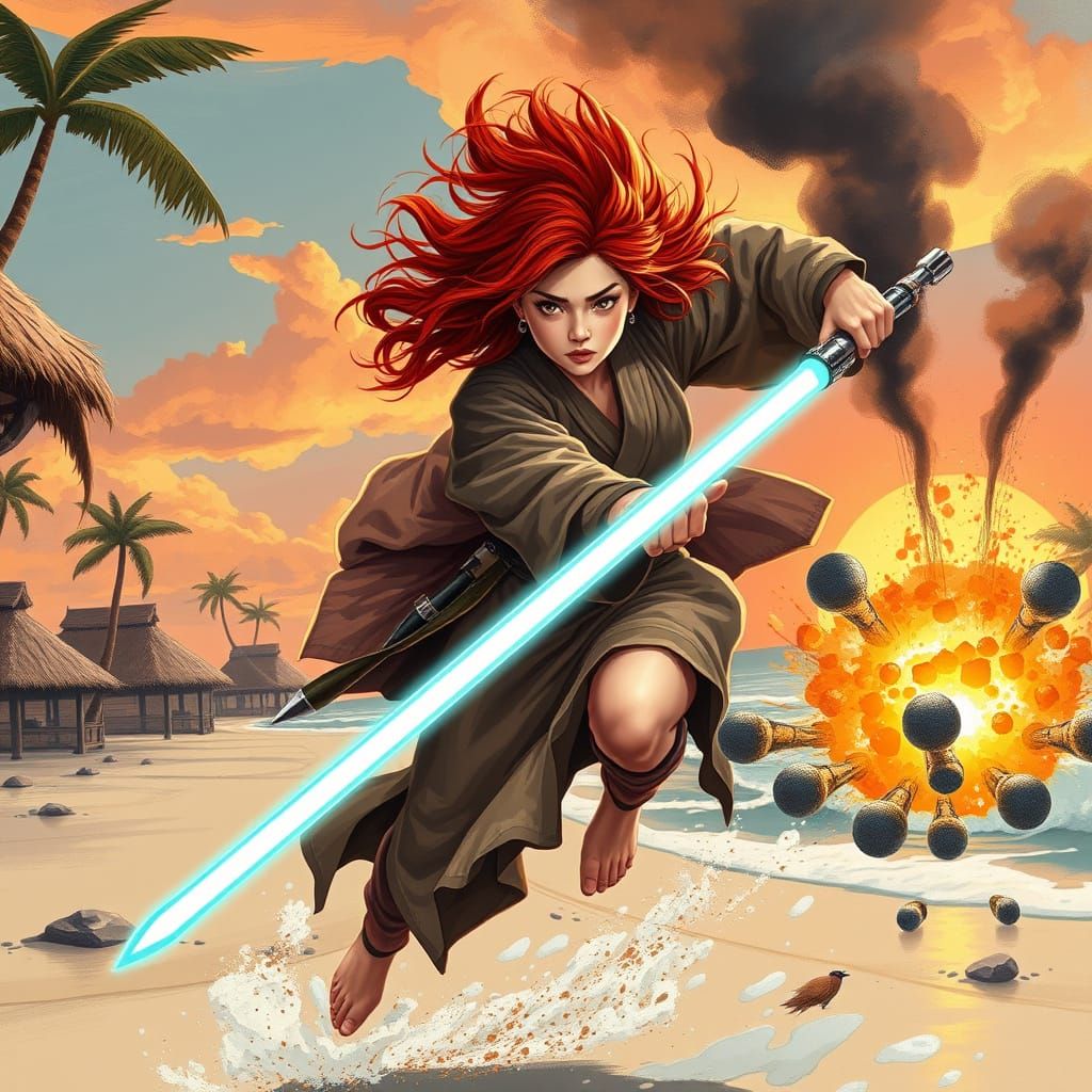 Jedi Knight Versus Android in Hokusai Style