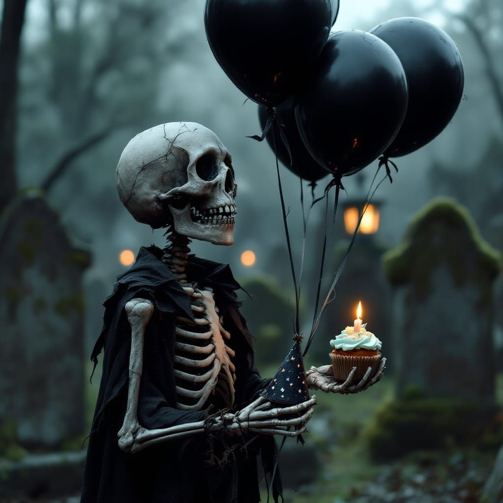 Lonely Skeleton Boy With Deflated Balloons and Faint Lantern...
