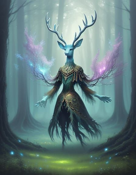 Mystical Antlerfolk Creature in Ethereal Forest Oil Painting