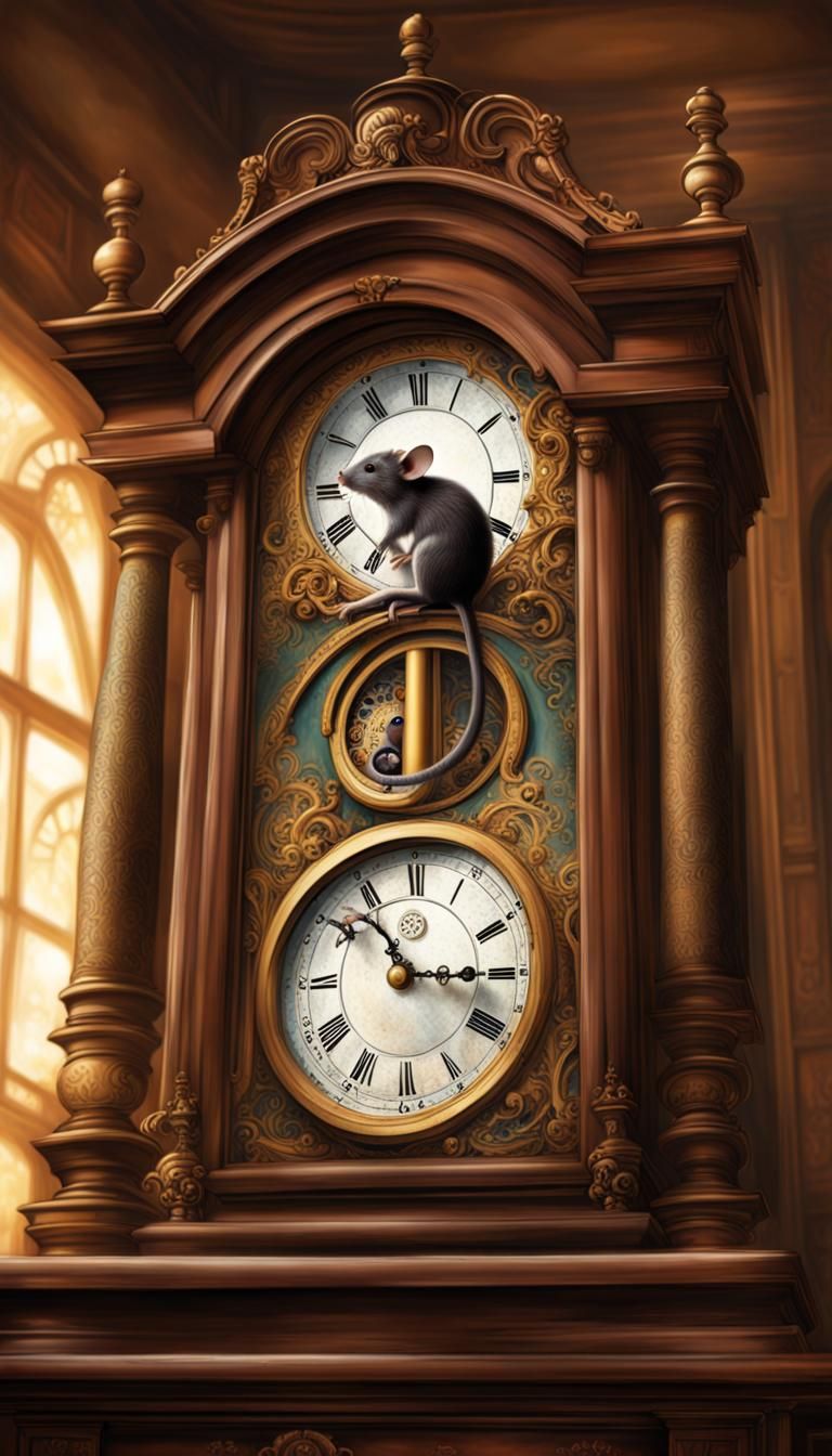 Hyperrealistic Mice Climb Clock: Dieselpunk Concept Art