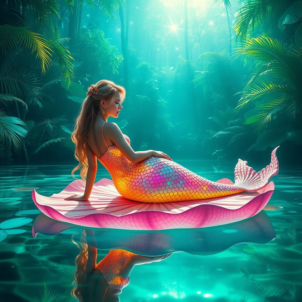 Ethereal Mermaid on Glowing Lilypad in Emerald Lagoon
