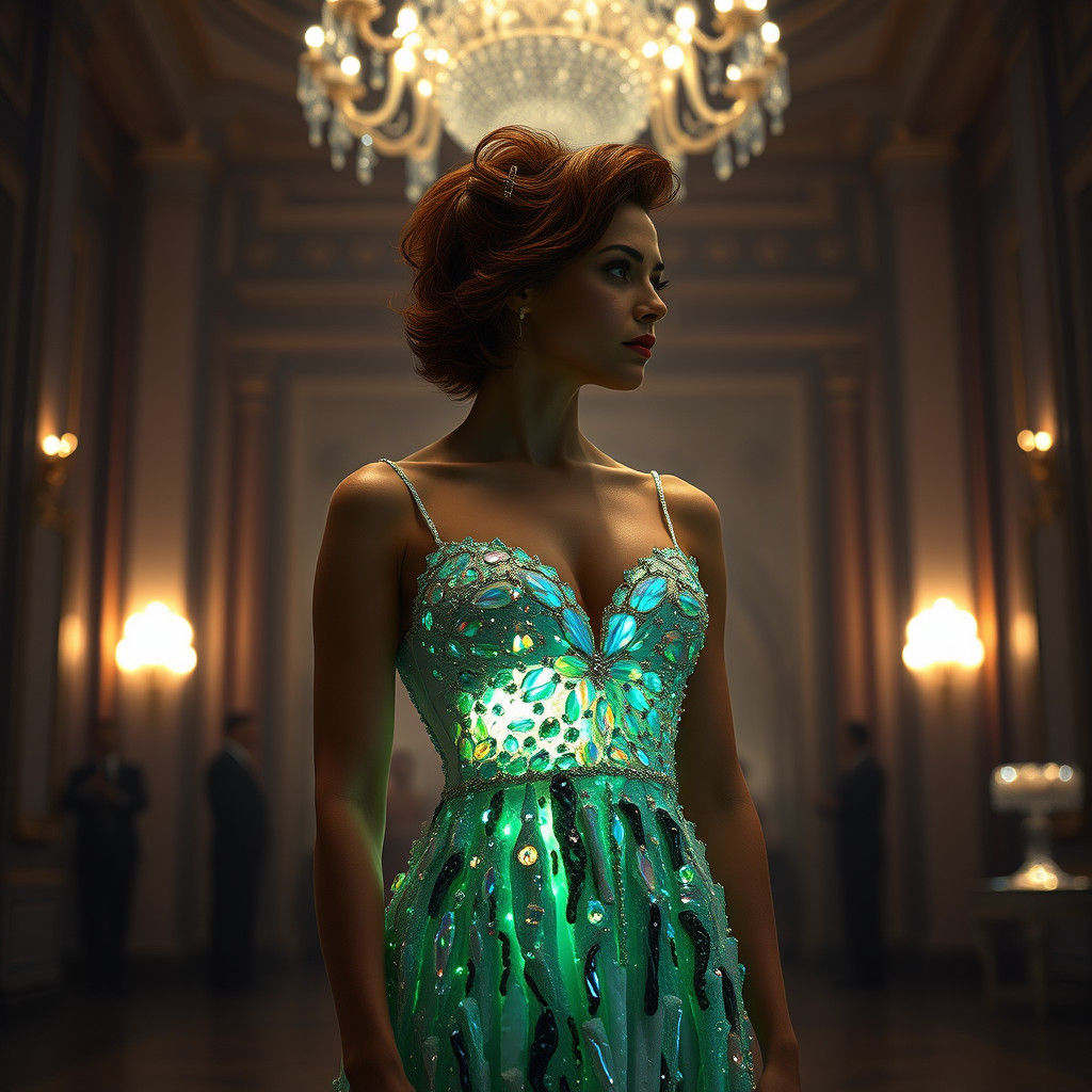 Woman in Crystalline Dress in Grand Ballroom