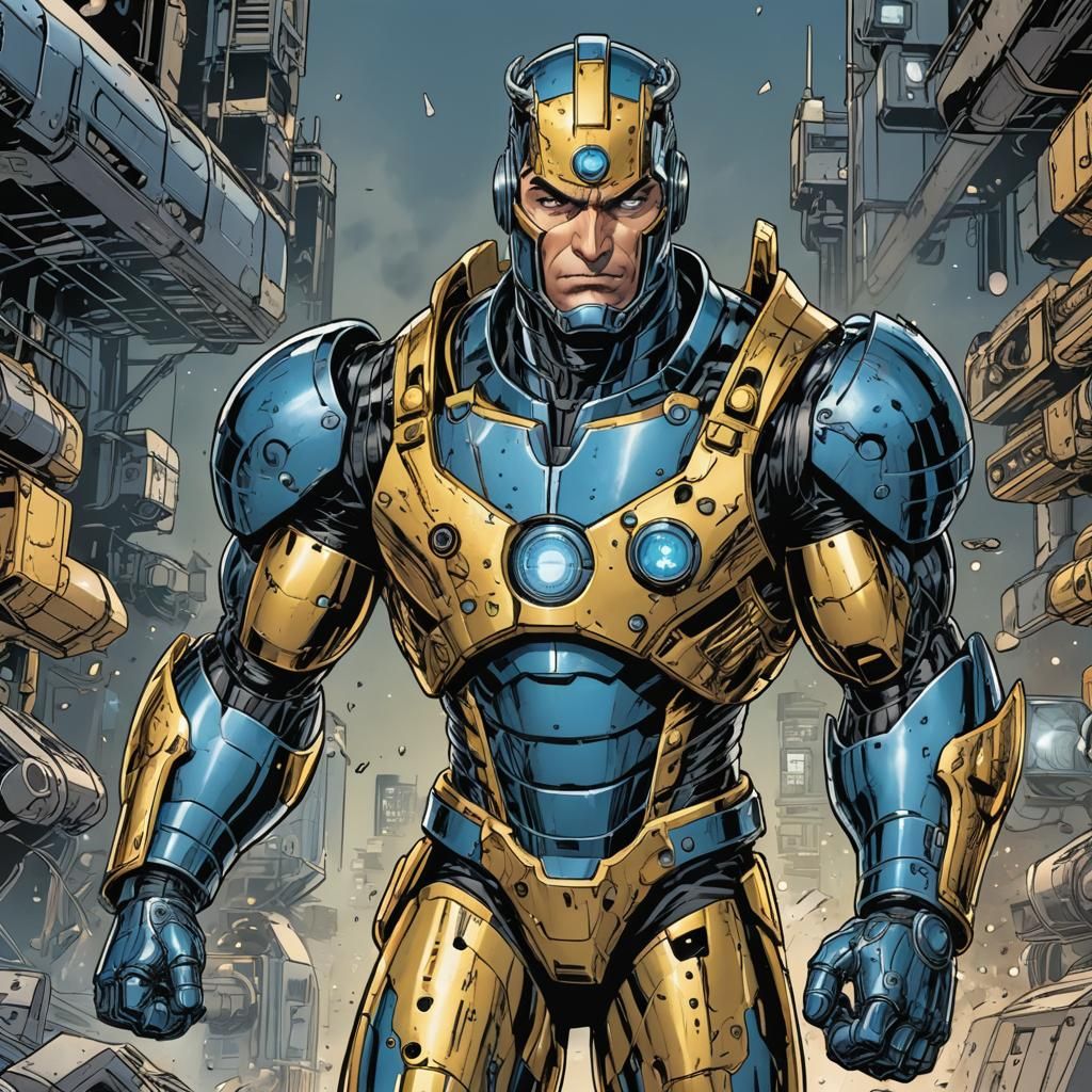 Inspector Steel: Cybernetic Hero in Urban Cityscape