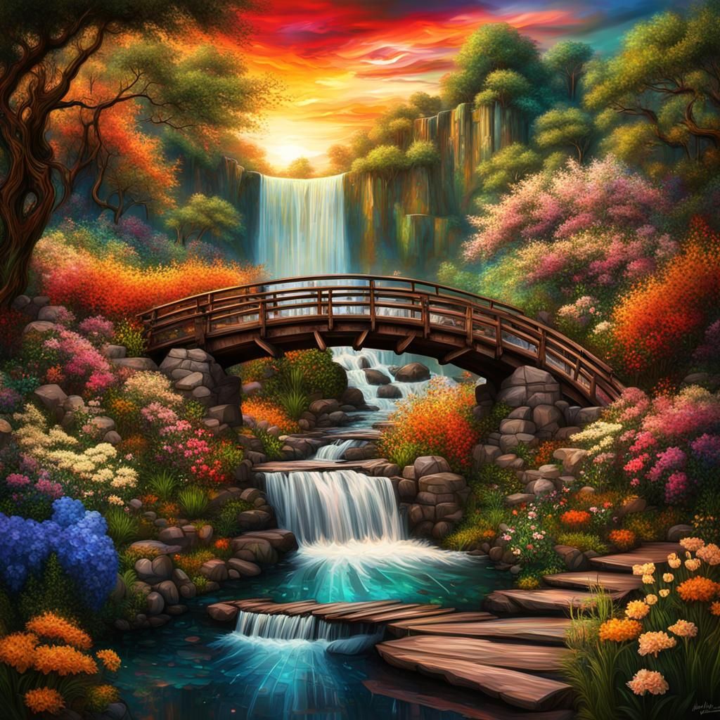 Waterfall Sunset with Cubist Alcohol Ink Effects