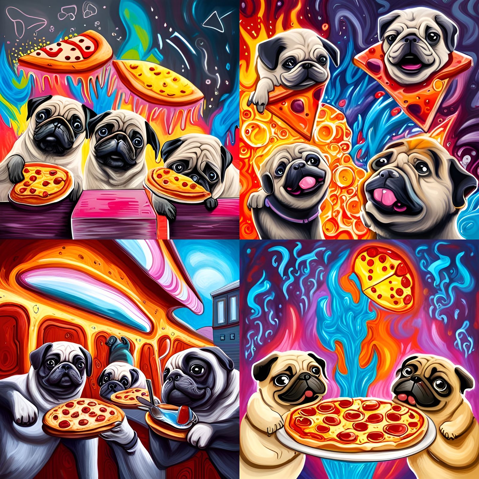 Playful pugs at pizza party