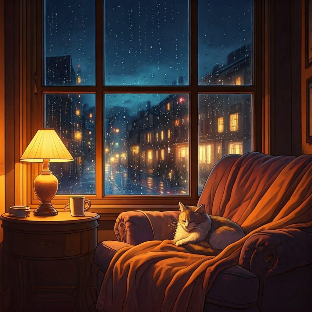 Rainy Night Window Scene in Ghibli Style