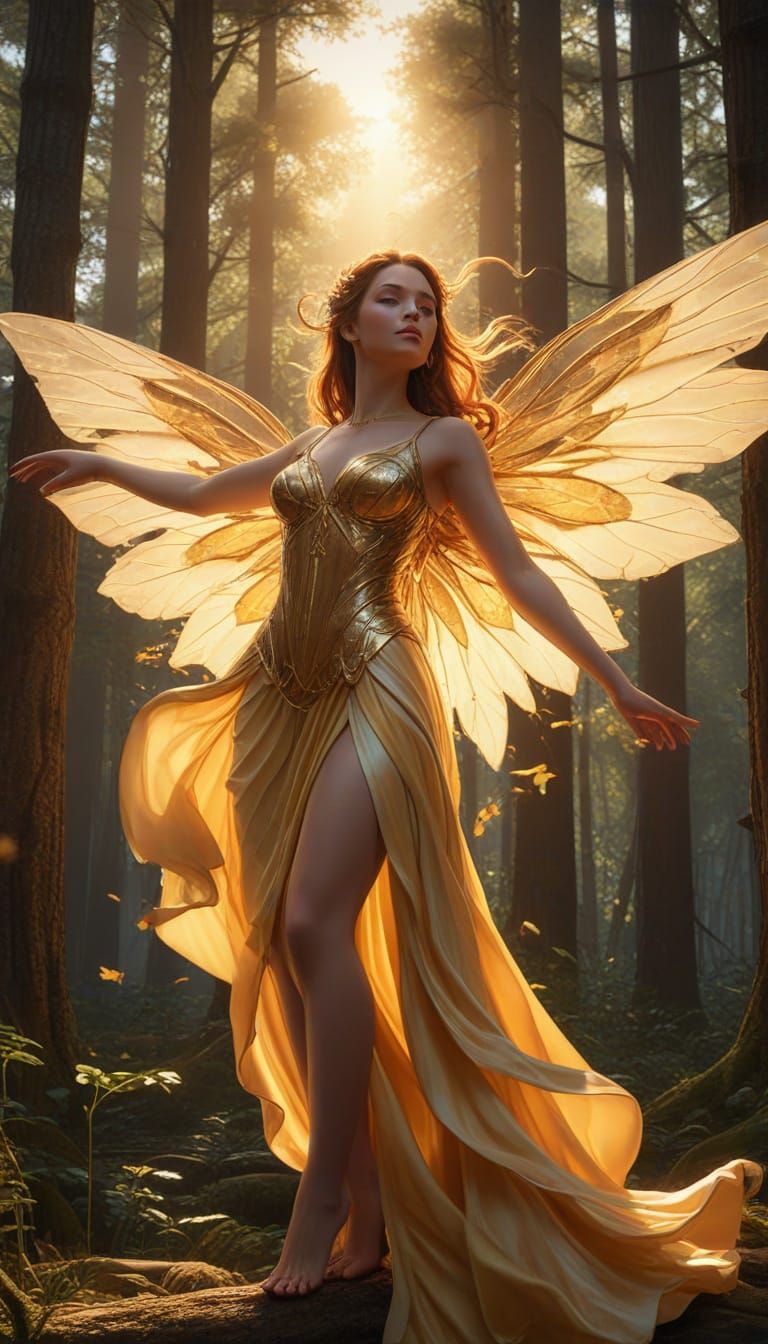 Mischievous Fairy Soars Over Sunlit Forest