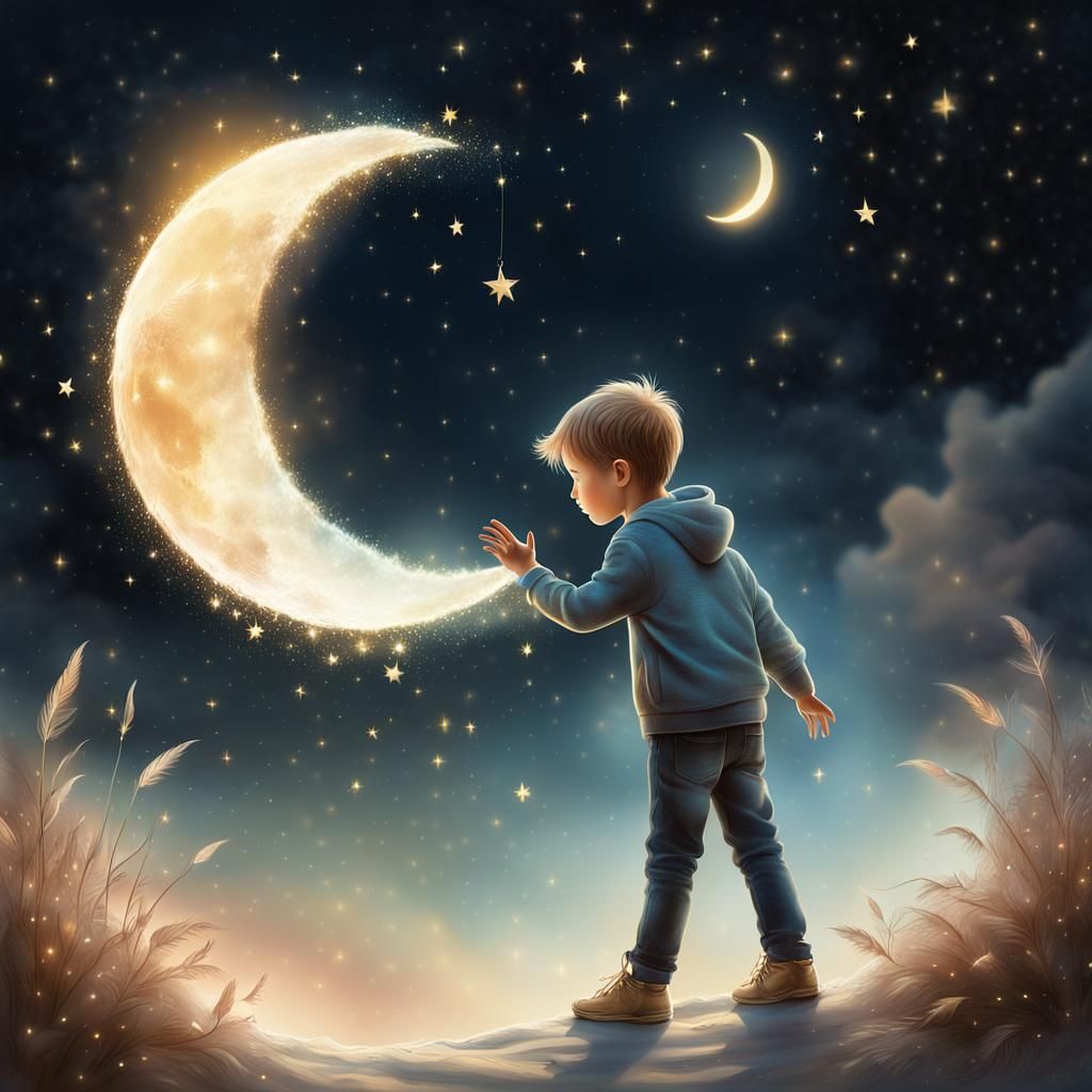 Whimsical Boy Reaches for the Moon in Soft Pastel Hues