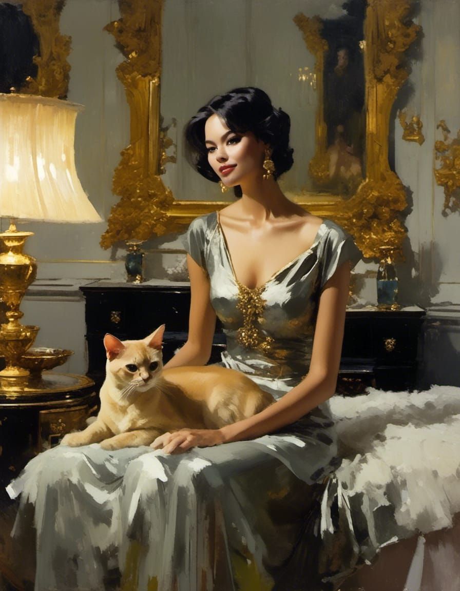 Beautiful Woman with Cats in Mann-Inspired Painting