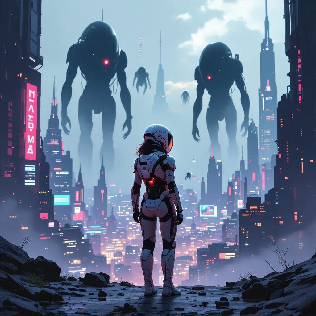 Cyberpunk Woman Watches Entities Retreat to Shadows