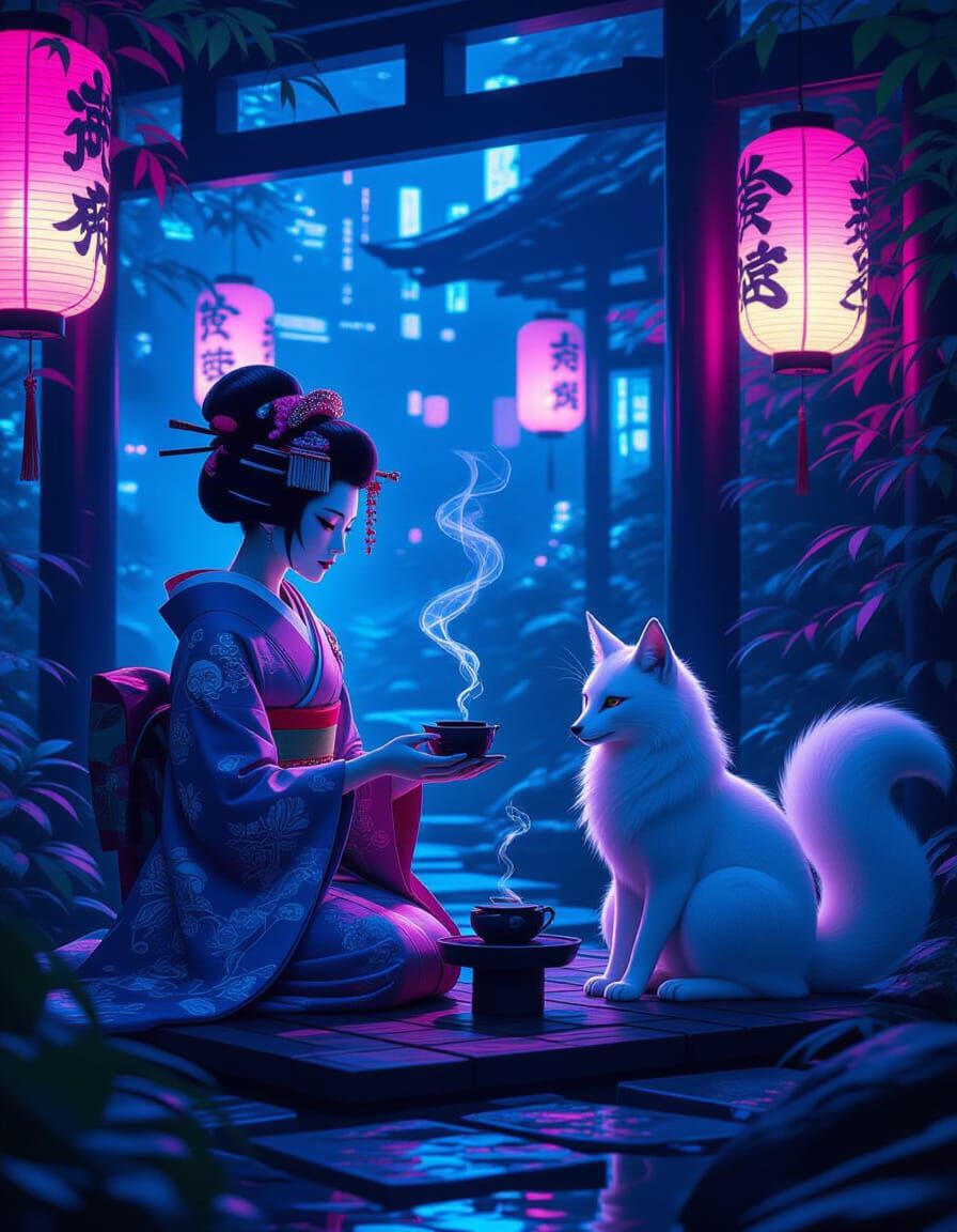 Cyberpunk Geisha Tea Ceremony in Neon Garden