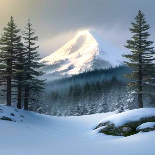 Snowy Mountain Scene in Monochromatic Winter Wonderland