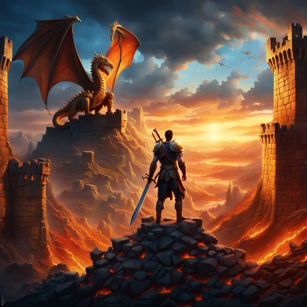Heroic Warrior's Victory Over Dragon in Fantasy Art