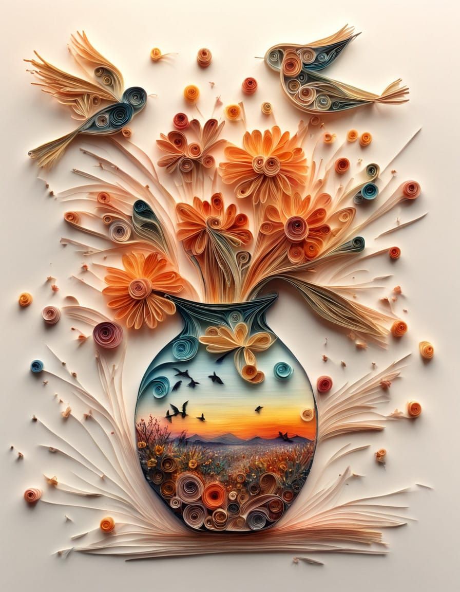 Vibrant Quilling Birds Dance Around Golden Hour Vase