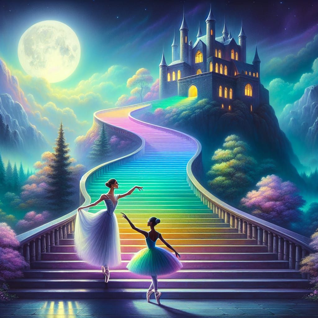 Ballerinas Ascend Grand Mystical Staircase Under Full Moon