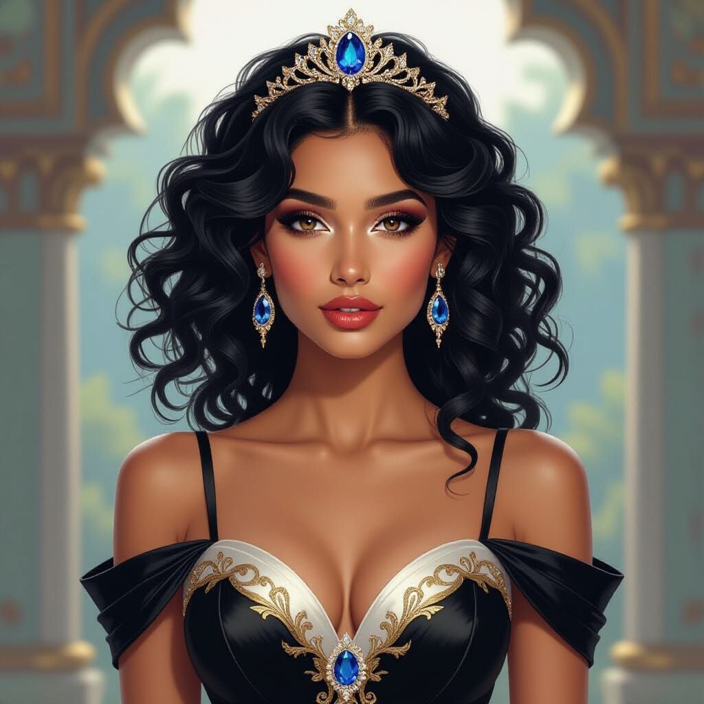 Elegant Woman with Sapphire Tiara in Hyperrealistic Style