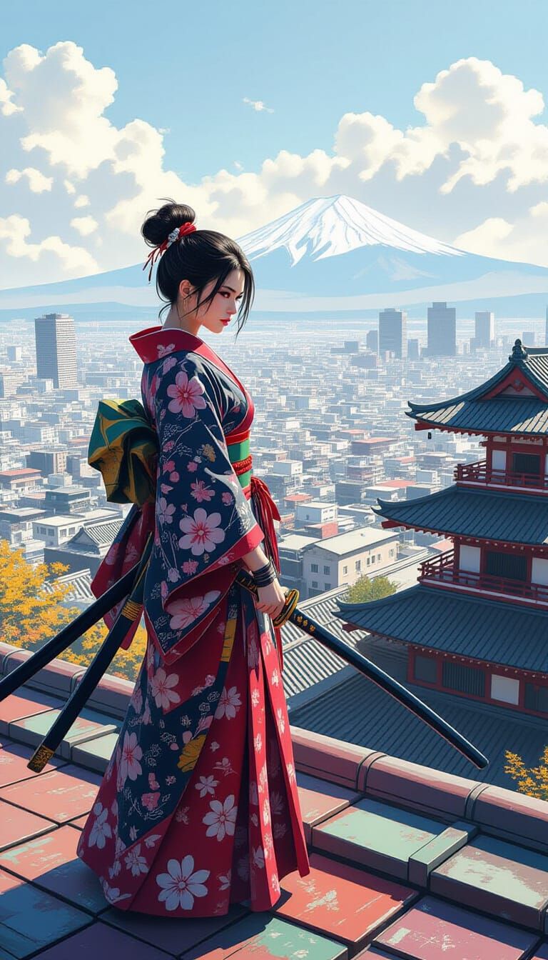 Ninja Woman with Katana on Tokyo Rooftop