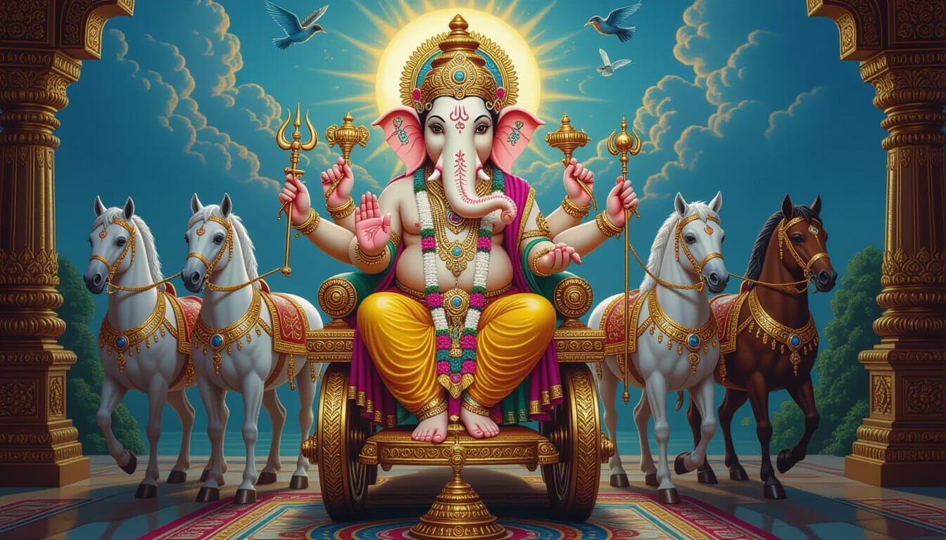 Ganesha on Surya Prabha Vahanam in Splash Art Style