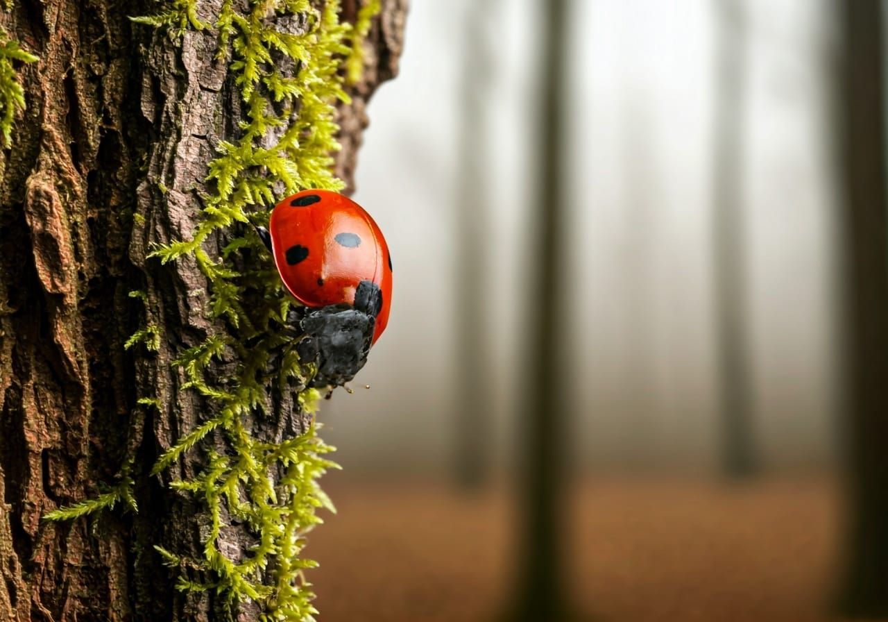 Detailed Ladybug on Mossy Tree Trunk Photo