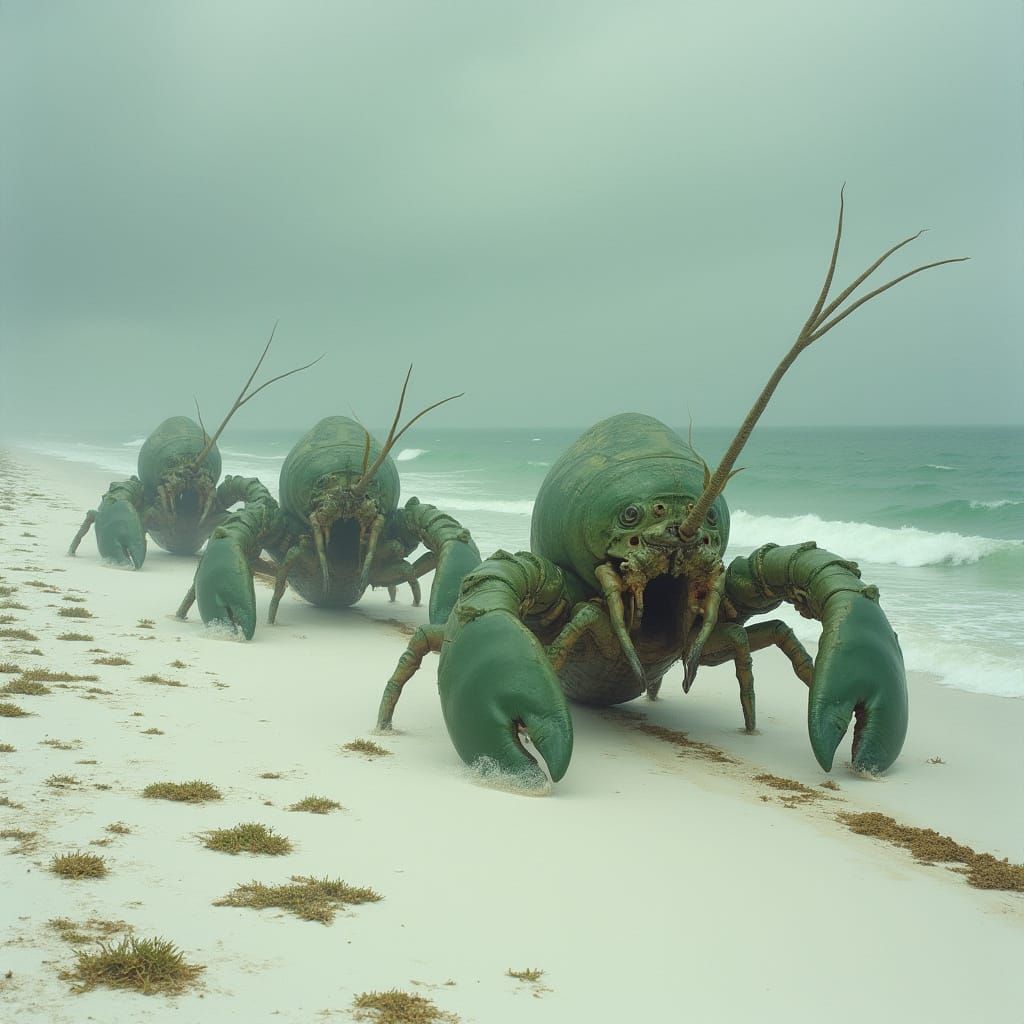 Lobster Creatures on a Stormy Beach in Dark Realism