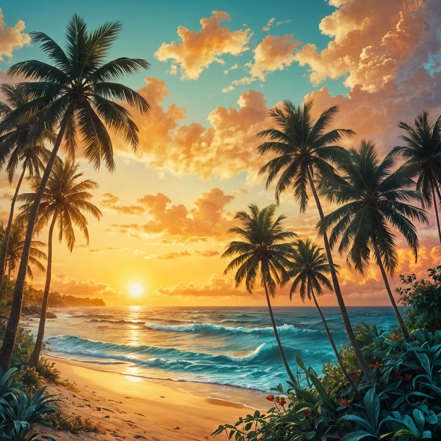 Sunset Beach Palm Grove in Surreal Style
