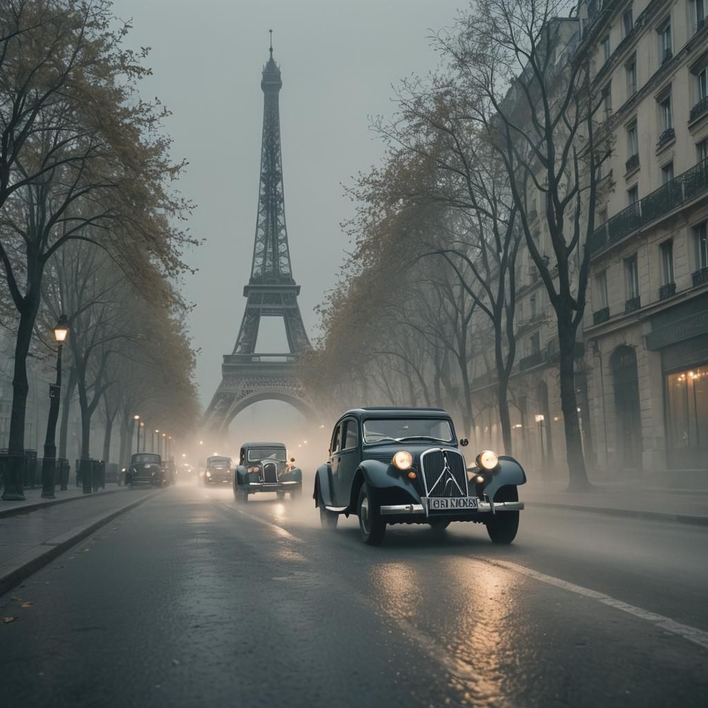 Vintage Car in Misty Paris: Cinematic Film Still