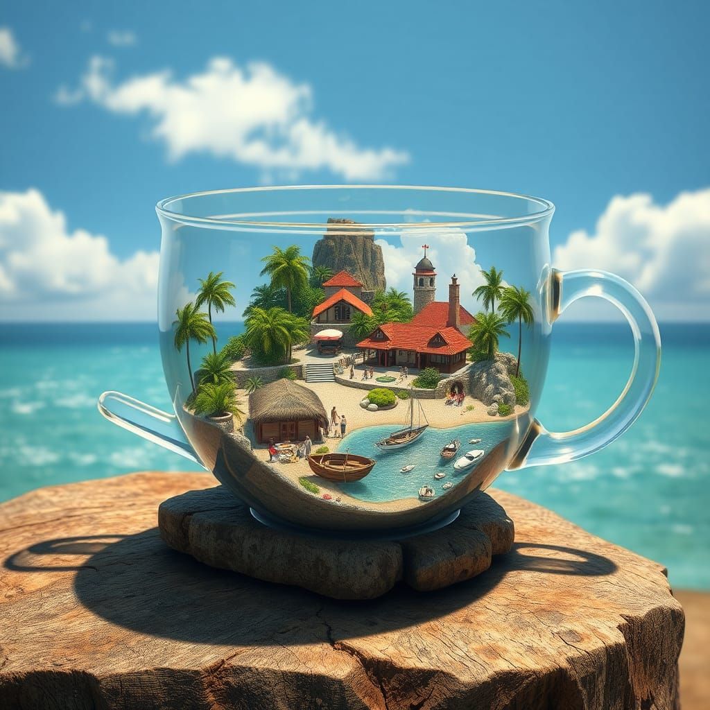 Miniature Seaside Resort Inside Crystal Teacup