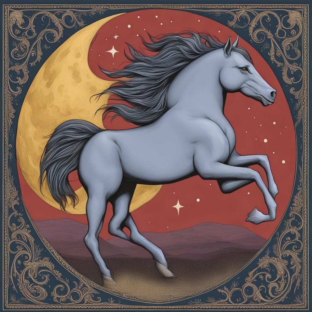 Horse Under a Colorful Full Moon