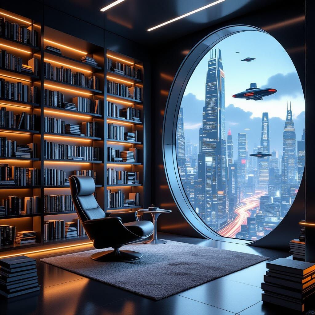 Futuristic Library Nook with Shimmering Portal