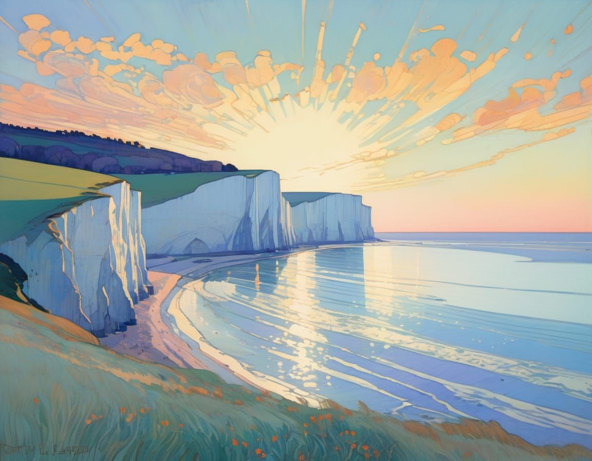 Surreal Sunrise Landscape with White Cliffs of Dover