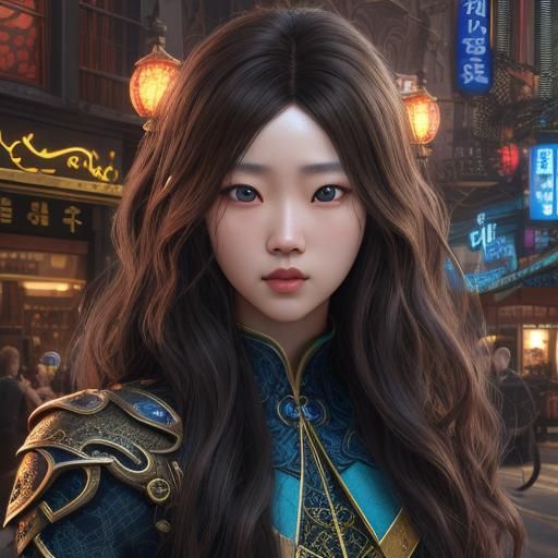 Korean girl with long curly brown hair, dark blue eyes and c...