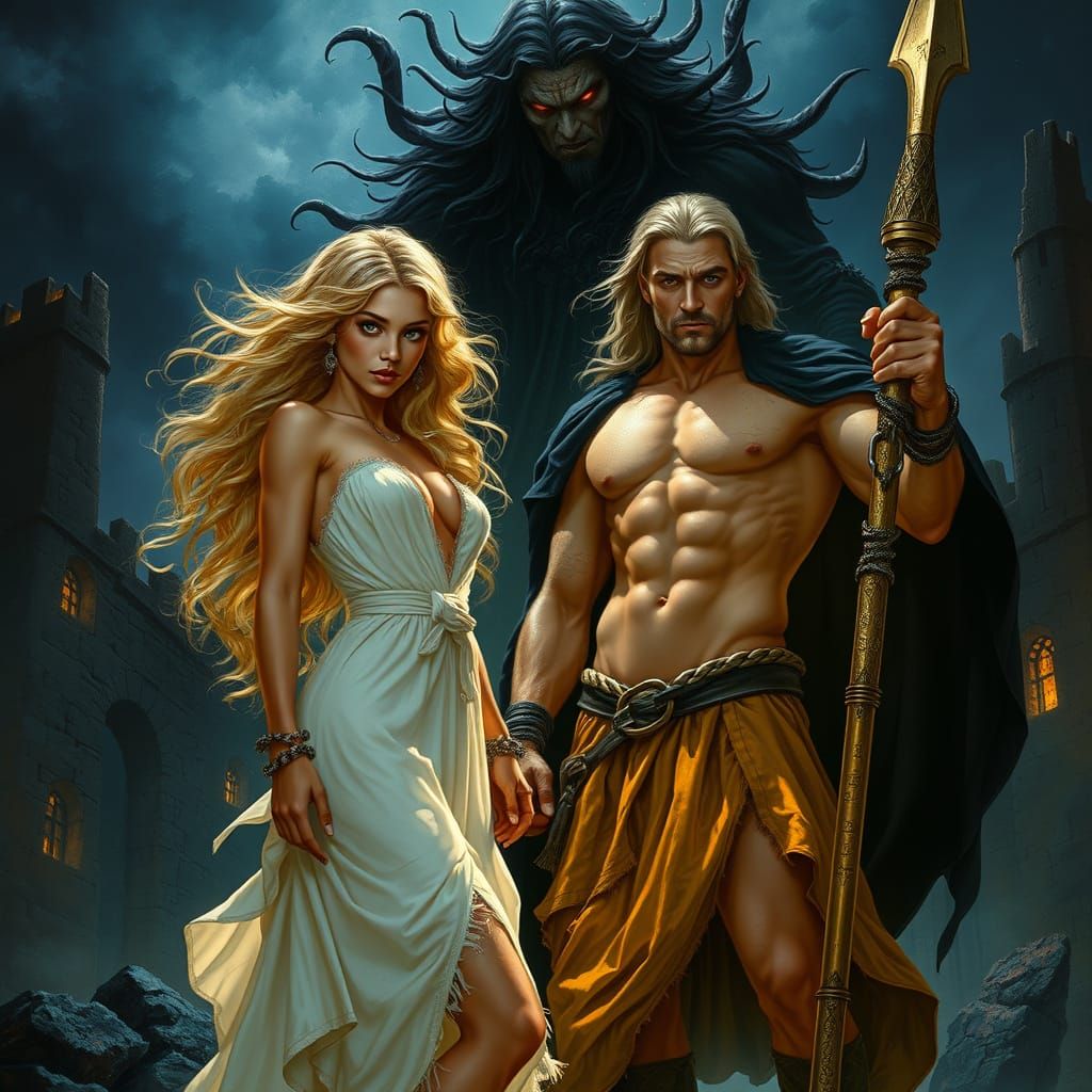 Ethereal Beauty and Fiery Warrior in a Haunting, Dark Fantas...