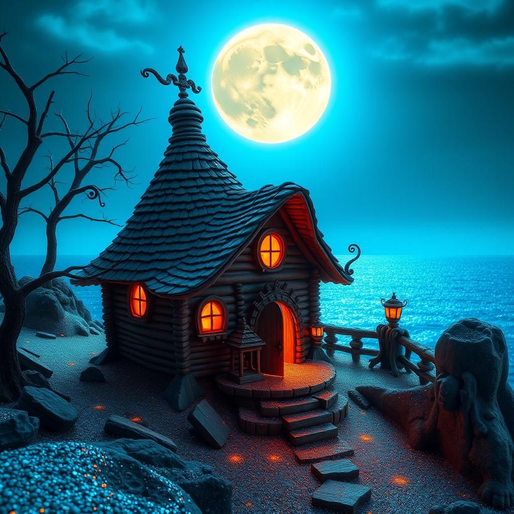 Enchanted Cob House with Glittering Ocean, Macro Photography