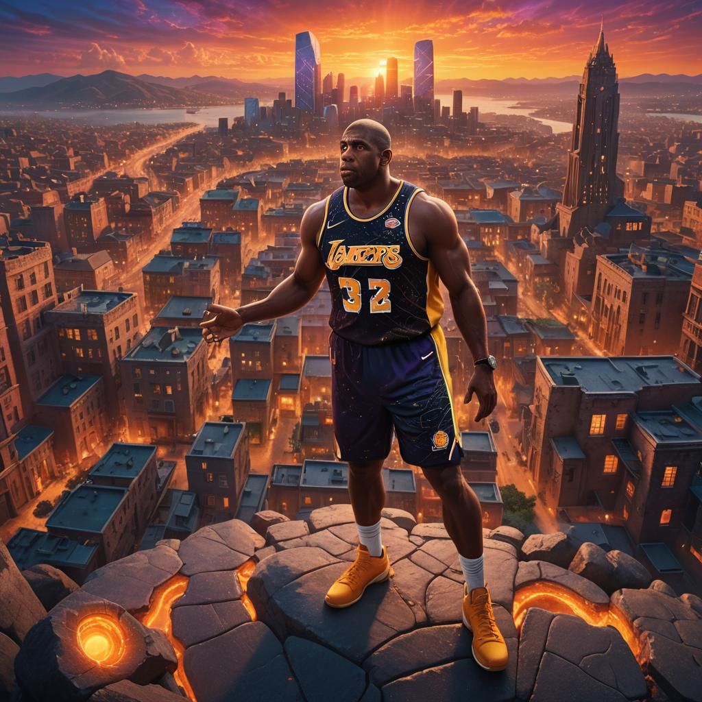 Magic Johnson in a Neon Cityscape at Sunset