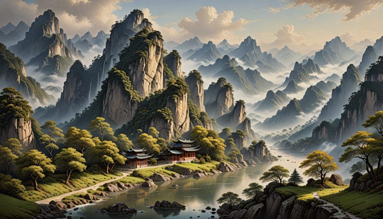 Hyperrealistic Wu Daozi-Inspired Mountain Landscape