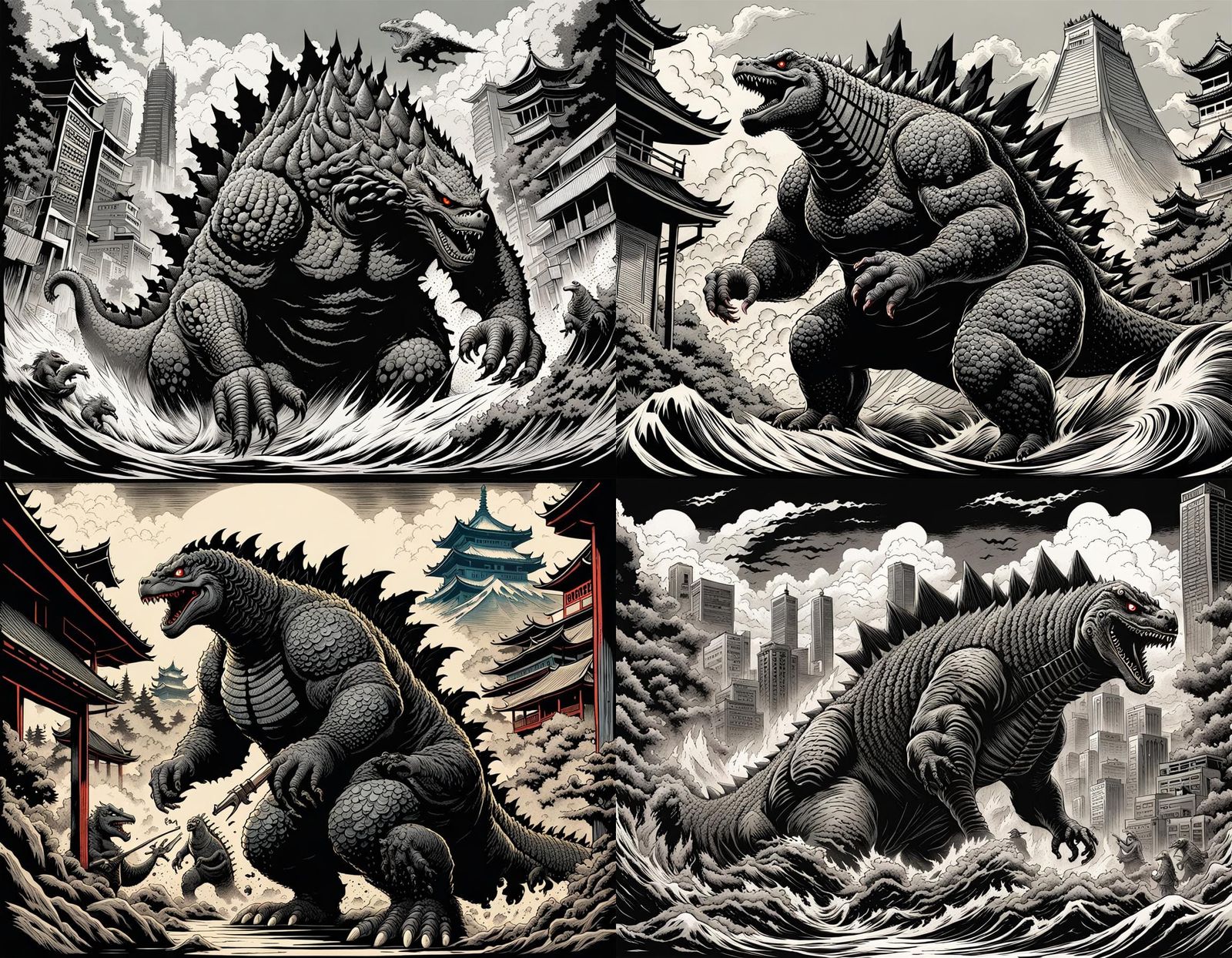 Godzilla's Rampage in Japanese Village: Woodcut Style