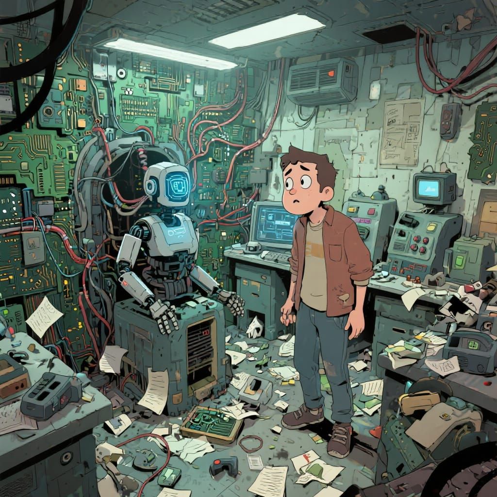 AI versus Stupidity in Whimsical Sci-Fi Art
