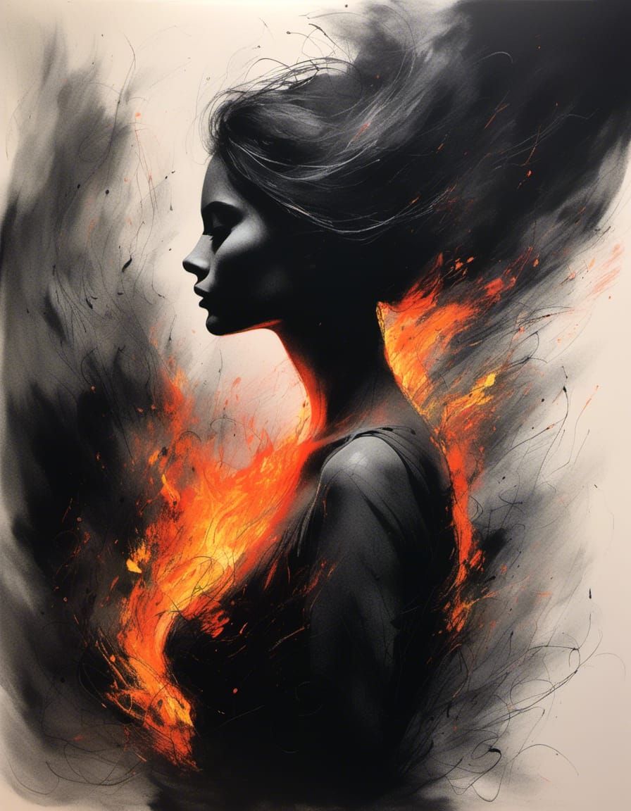 Fiery Woman Portrait in Charcoal and Gouache