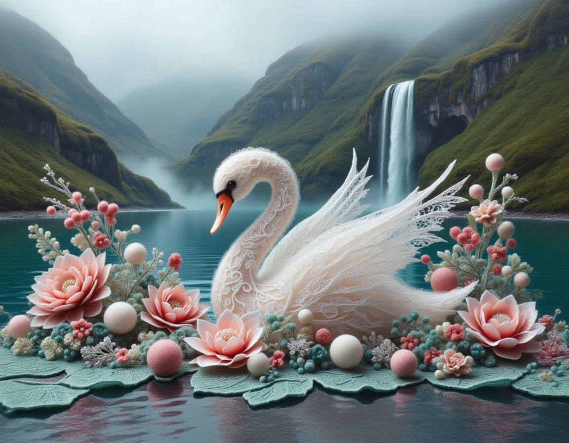 Surreal Florilace Swan in Sparkling Lake with Waterfall