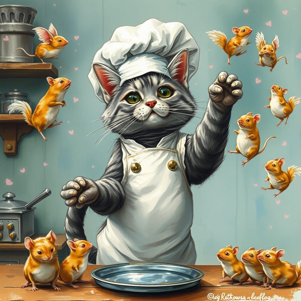 Whimsical Cat Juggles Mice and Kitchen Delights