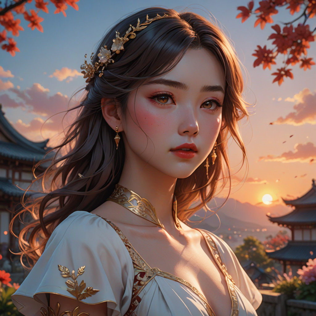 Romantic Sunset Portrait in Anime Style