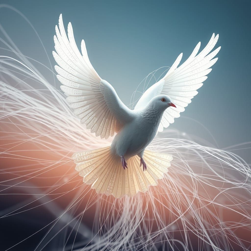 Dove in Flight Amidst Ethereal String Art