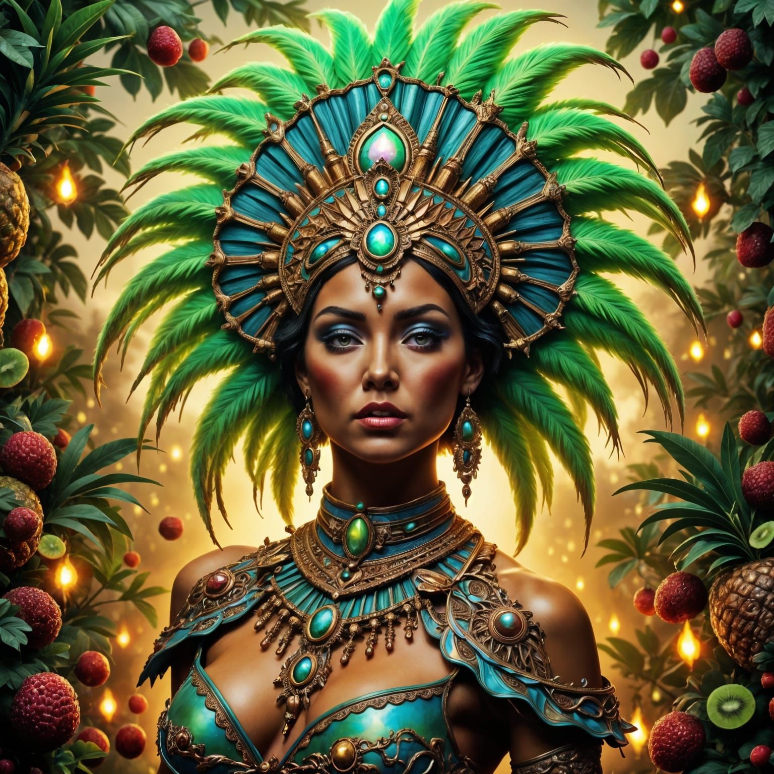 Hyperrealistic Aztec Goddess with Holographic Glitter and Fi...