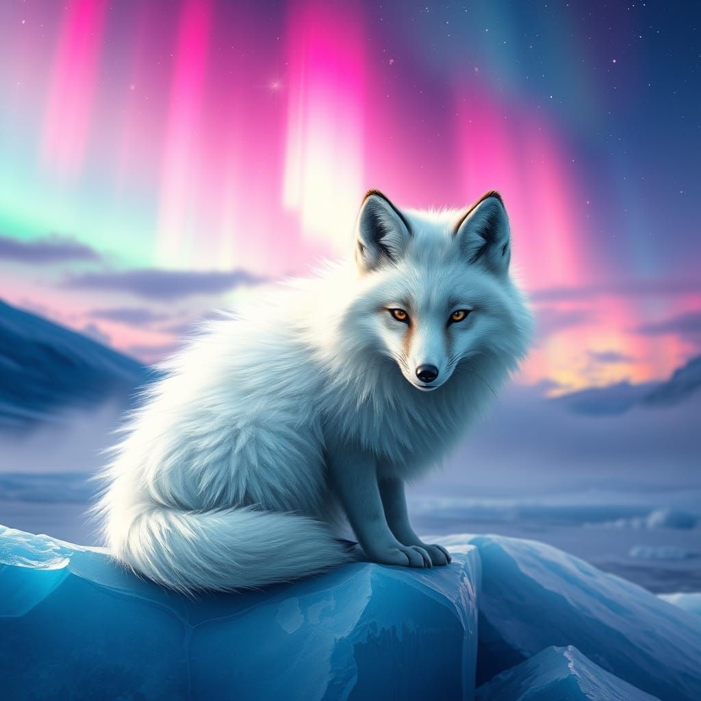 Arctic Fox Under Aurora Borealis in Splash Art Style