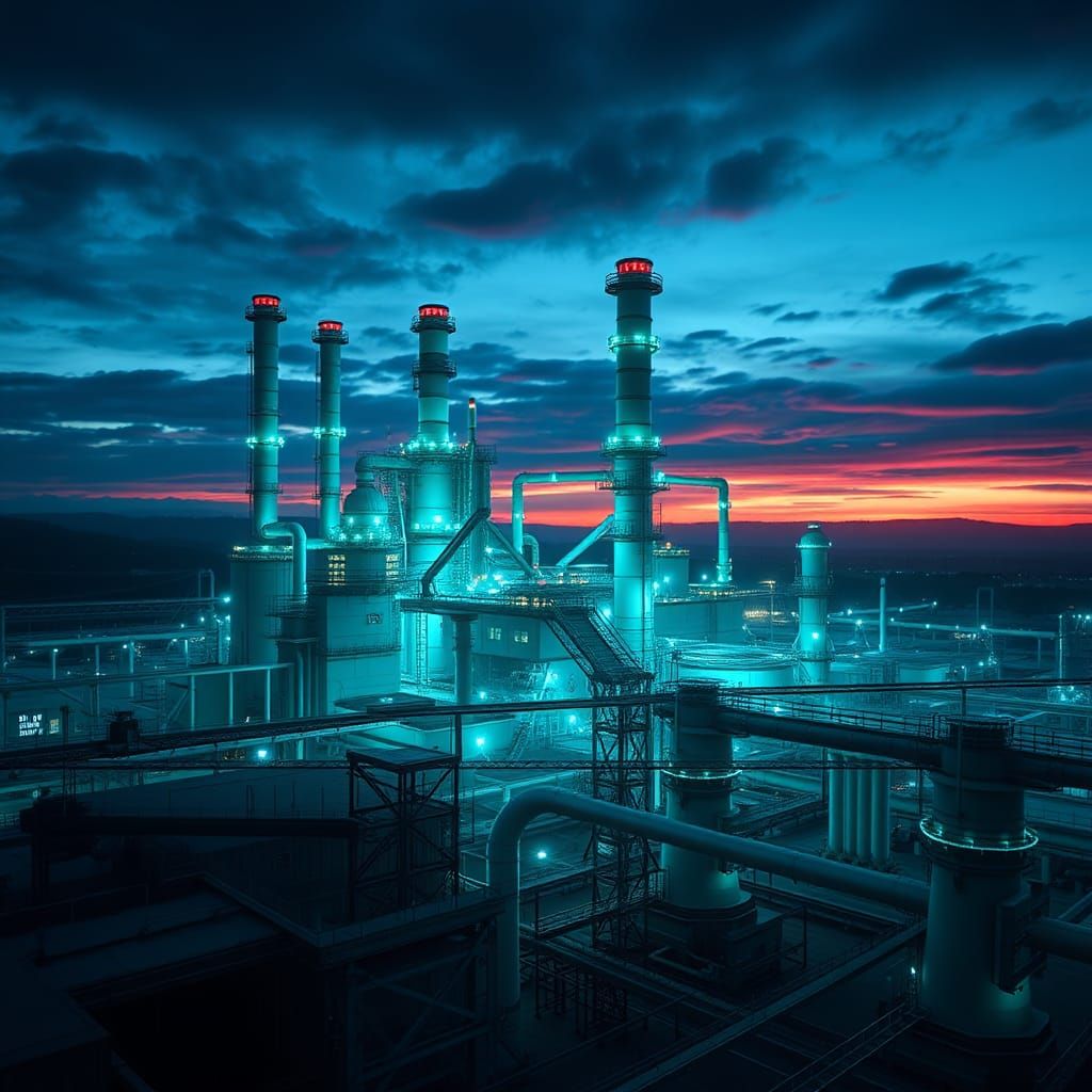Glowing Nuclear Power Station at Dusk in Hyperrealism