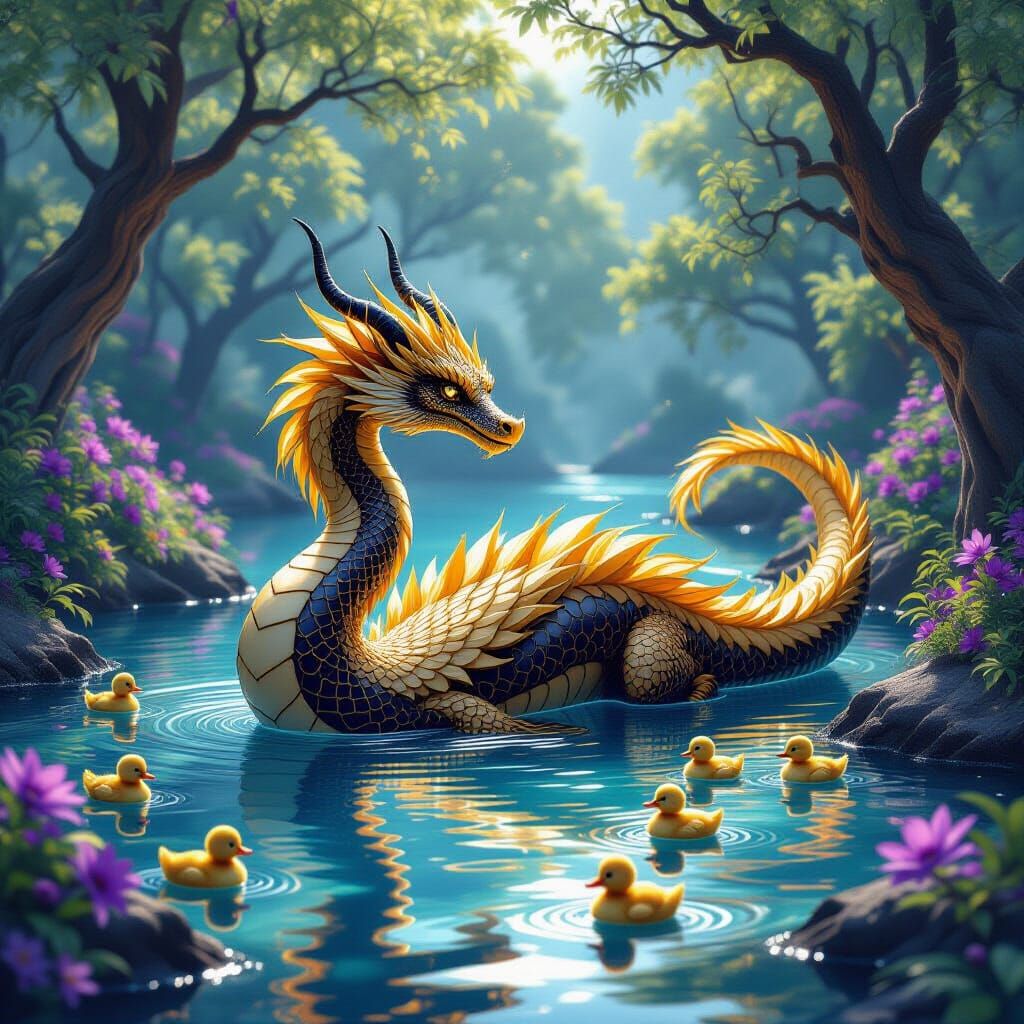 Mother Dragon and Ducklings in Enchanted Pond