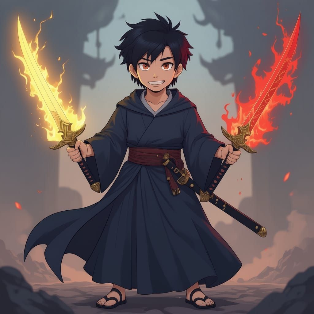 Anime Boy Wields Dual Swords with Holy and Hellish Auras