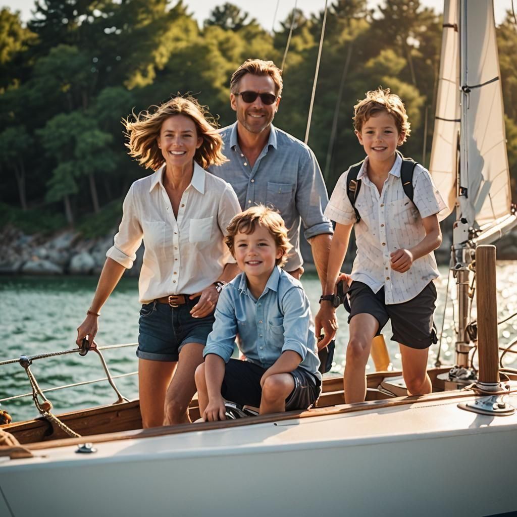 Family Sailboat Trip in Sunlight