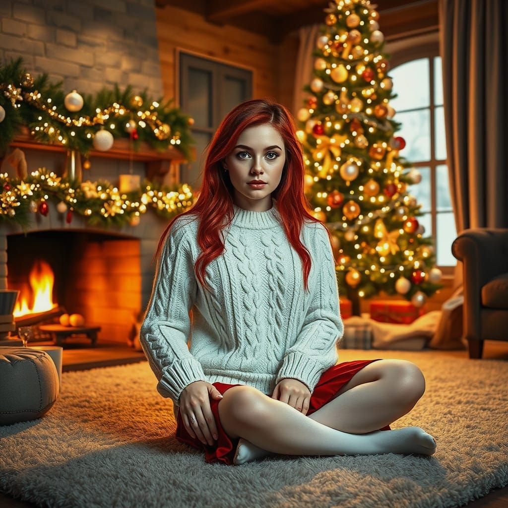 Gorgeous Redhaired Woman in Cozy Christmas Setting