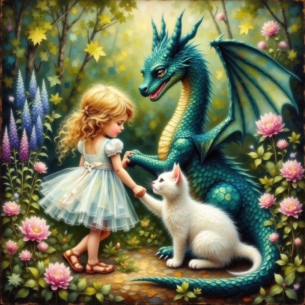 Girl, Dragon, and Kitten in Ethereal Garden